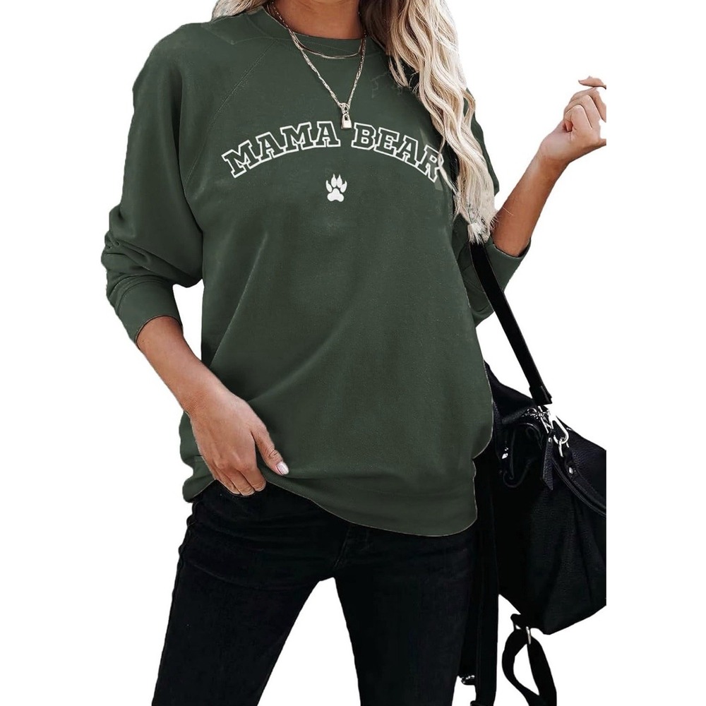 J0176-Mama Bear Sweatshirt Hunter Green Raglan Sleeve Graphic Pullover Small - Picture 1 of 6